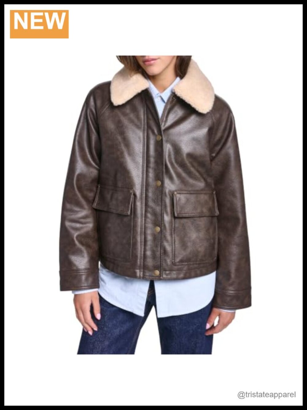 Faux Leather Sherpa Collar Vintage Jacket with Detachable Collar
